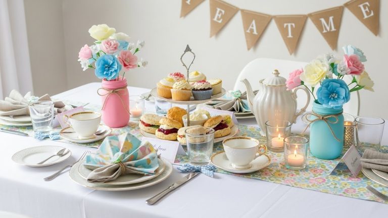 "Elegant DIY tea party table with pastel teacups, floral centerpiece, lace tablecloth, and charming handmade decorations, beautifully arranged for a cozy gathering."
