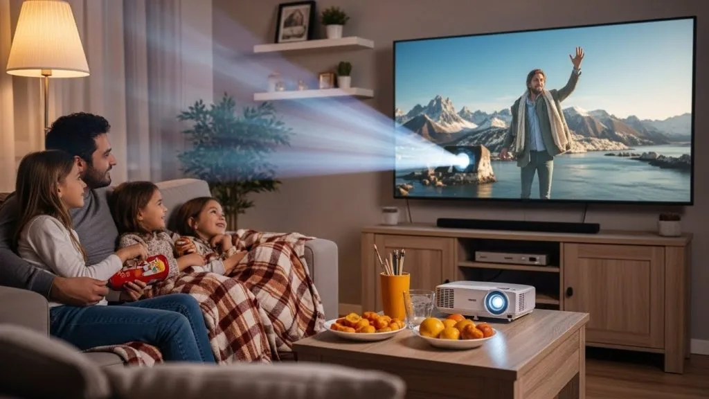  “Family enjoying cozy indoor movie night with blankets and popcorn.”