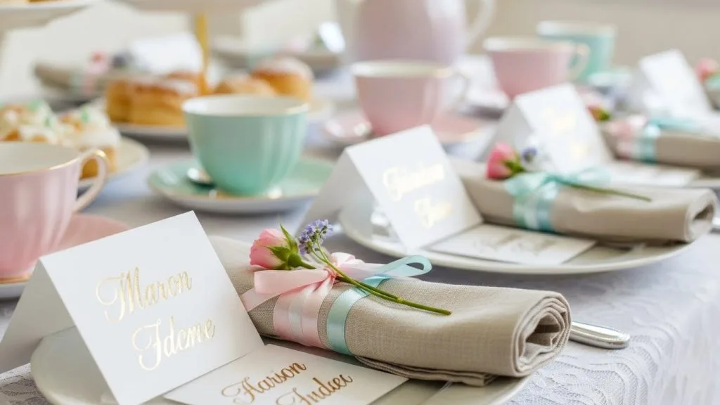 Elegant DIY Tea Party Table Settings and Decorations You Can Make Easily 8 "Close-up of handwritten place cards, ribbon-wrapped napkins, and delicate floral stems arranged on a pastel-themed tea party table, showcasing elegant details."