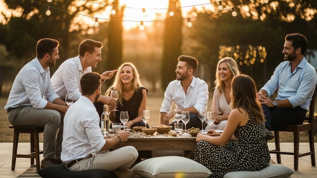 Friends sitting together outdoors, talking and laughing during a simple celebration.