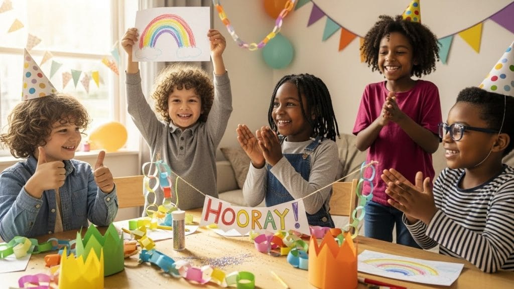 Children celebrating a small success with handmade decorations and genuine smiles.