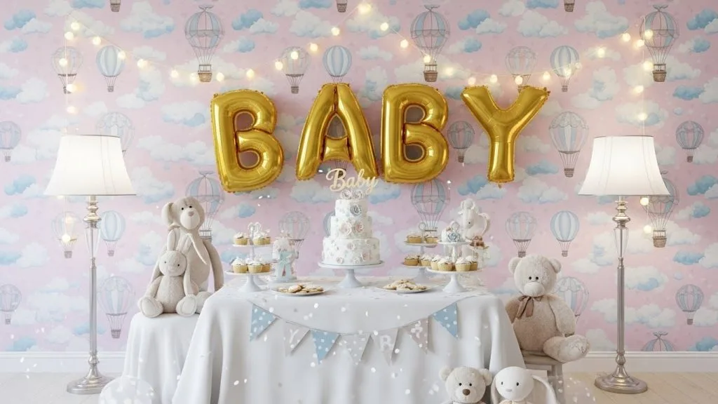 Baby Shower Celebration Wallpapers for Cute Themes: A Fresh Guide for Modern Parents 11 Baby shower photo zone with pastel wallpaper and soft lights.