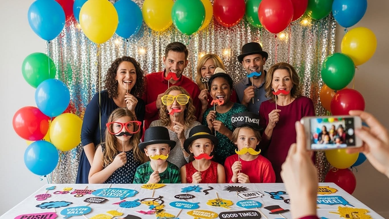 “Family and friends using DIY party props at a home photo booth for Instagram photos.”