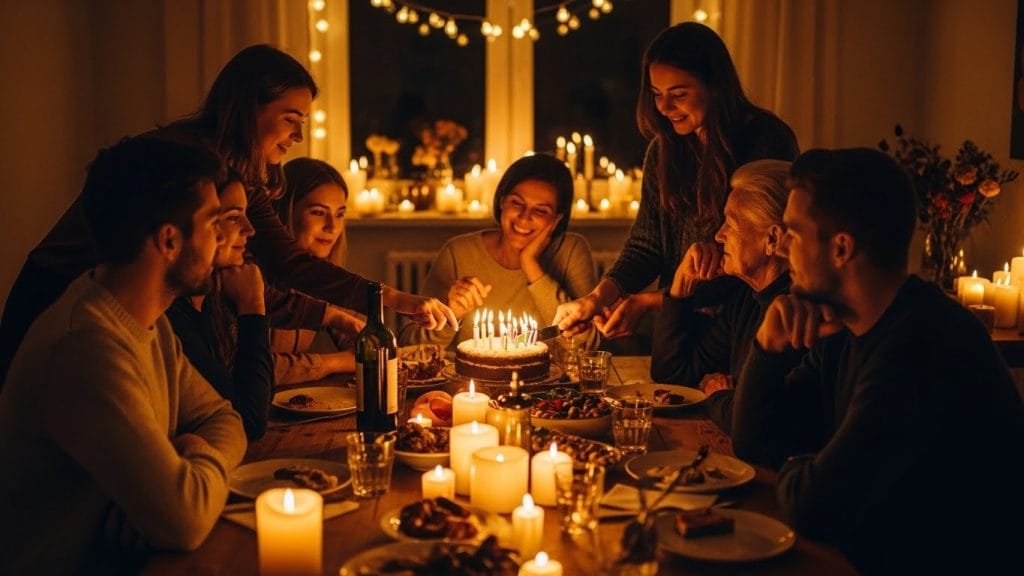 A relaxed home celebration scene with candles, warm colors, and calm energy.