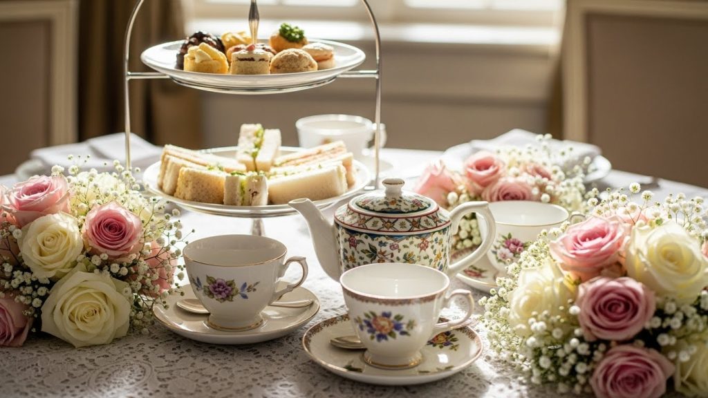 Elegant tea party centerpiece featuring vintage teacups, a small ceramic teapot, pink roses and baby’s breath on a lace tablecloth, illuminated by soft natural light.