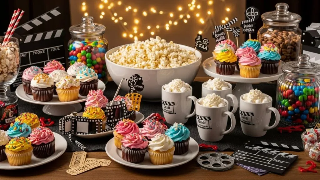 “Family-friendly snack table for indoor movie night.”
