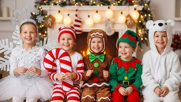 “Kids wearing cute and cozy December costumes including snowflake, candy cane, gingerbread, elf, and polar bear at a festive winter party.”