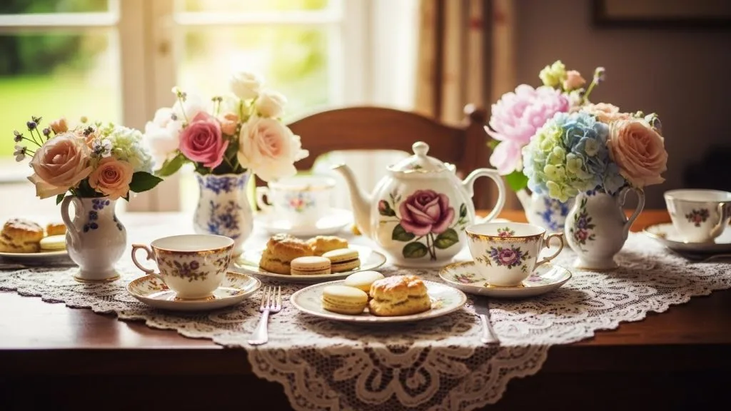 “A warm, cozy tea party table with lace, pastel flowers, vintage teacups, soft natural lighting, cinematic atmosphere, shallow depth of field.”