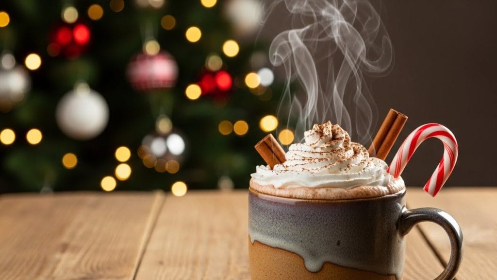  Cozy winter hot chocolate in a festive holiday setting.