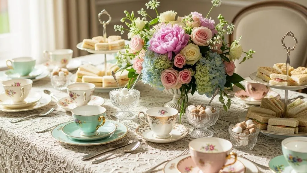 Elegant DIY Tea Party Table Settings and Decorations You Can Make Easily 1 A pastel-themed tea party table featuring vintage teacups, a delicate floral centerpiece, lace tablecloth, and soft natural light, creating an elegant and dreamy atmosphere.