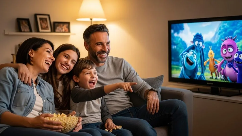 “Family discussing favorite parts of movie night.”