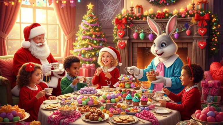 Holiday tea party for kids with Santa, Easter Bunny, and seasonal decorations; children sipping from tiny teacups around a festive table filled with Christmas, Easter, Halloween, and Valentine treats; warm, magical atmosphere perfect for family celebrations.