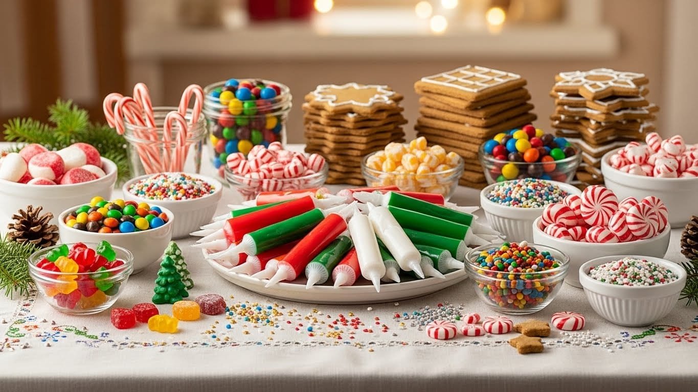 "Edible Decorations for Gingerbread Houses arranged beautifully on a winter-themed table with candies, icing tubes, gingerbread pieces, and festive holiday sprinkles."