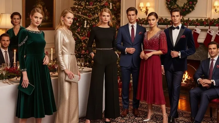 Elegant celebration outfits styled for Christmas and New Year, featuring simple yet refined looks with tailored silhouettes, soft festive colors, subtle sparkle accents, and classic accessories in a warm, seasonal setting that feels special and timeless.