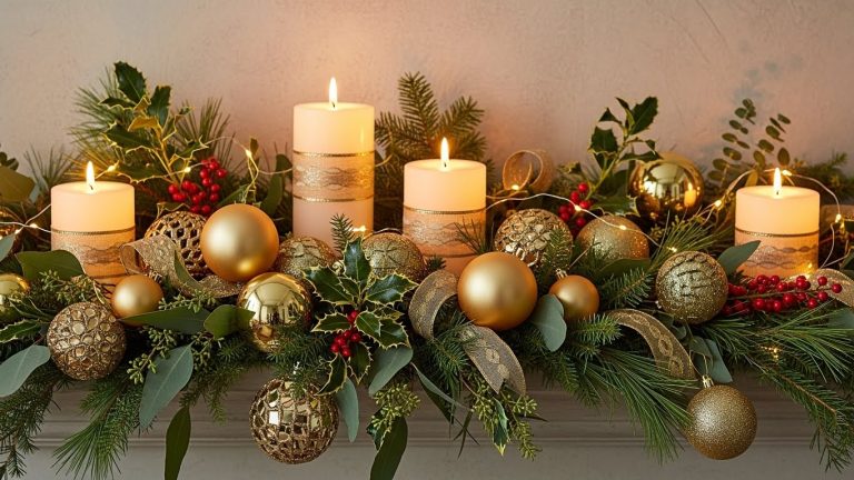 “Elegant DIY Christmas Decor setup with gold ornaments, lush greenery, ribbon-wrapped candles, soft warm lights, and a high-end holiday look created on a budget.”