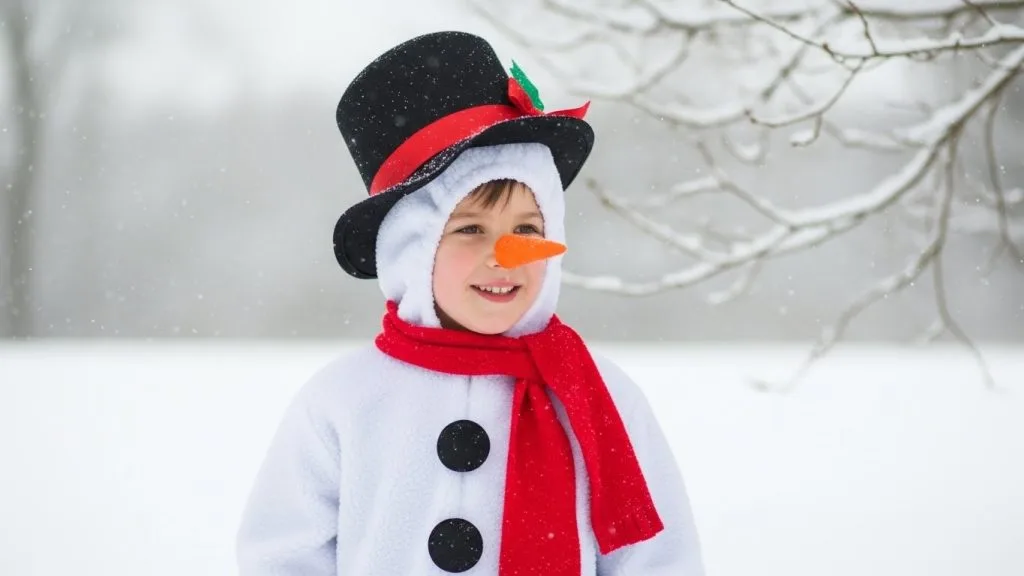 Magical December Costume Ideas for Kids: Cute, Cozy & Celebration Ready 9 Kid wearing a snowman December costume with red scarf and felt buttons.