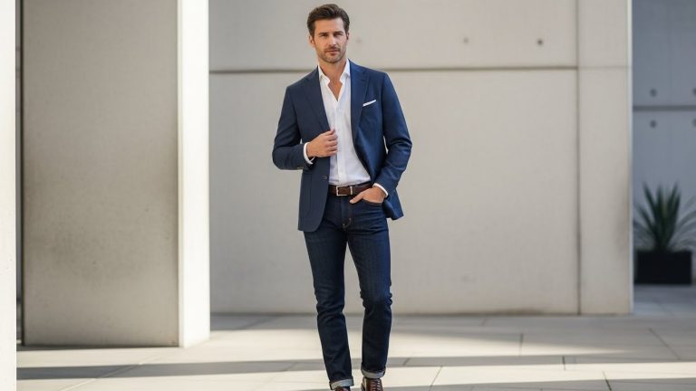 Timeless men’s fashion featuring a navy blazer, white shirt, dark denim, and leather shoes for a classic wardrobe.