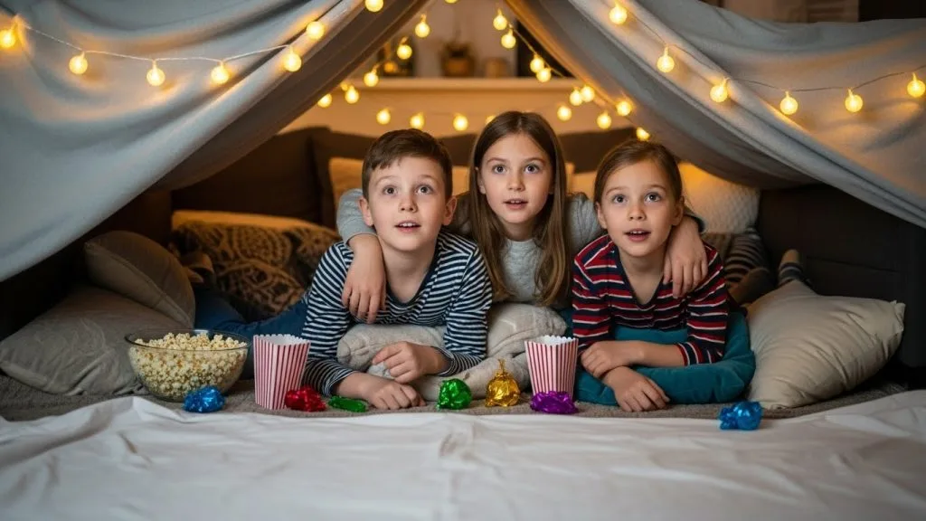 “Indoor blanket fort setup for kids during movie night.”