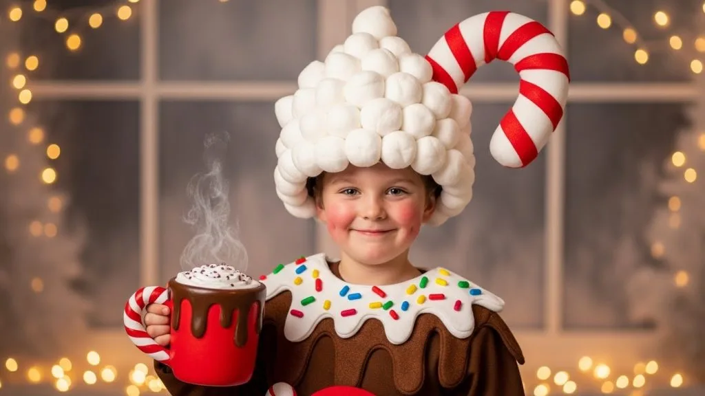 Magical December Costume Ideas for Kids: Cute, Cozy & Celebration Ready 4 Kid wearing a brown hot chocolate December costume with marshmallow hat.