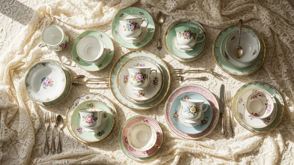 Vintage floral teacups, gold-rimmed plates, pastel tableware, lace, and antique utensils arranged in an elegant flat lay with soft natural lighting.