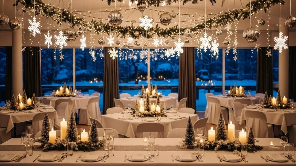  Battery-operated LED string lights along the edge of tables.