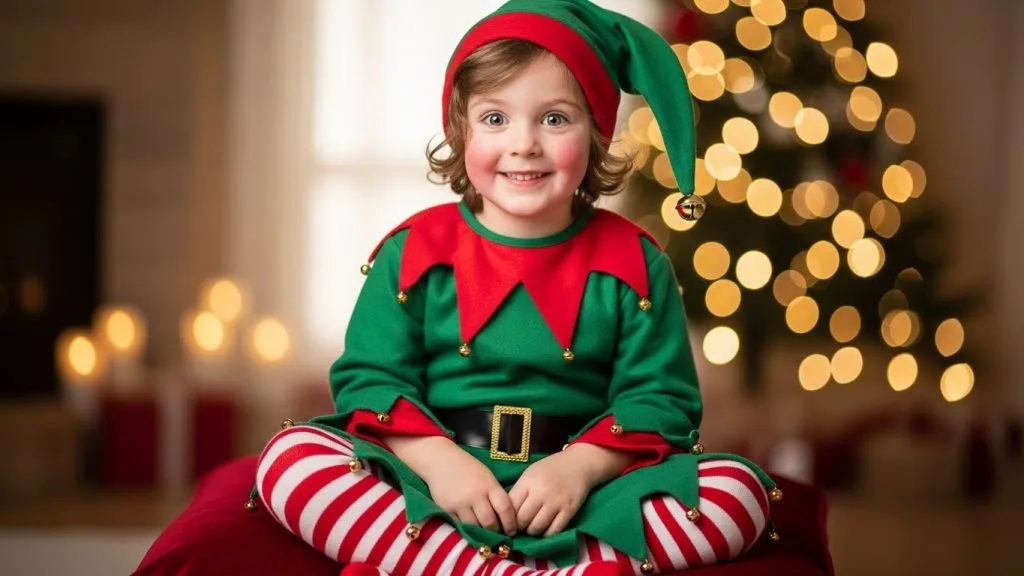 Magical December Costume Ideas for Kids: Cute, Cozy & Celebration Ready 12 Kid wearing a December elf costume with red and green colors.