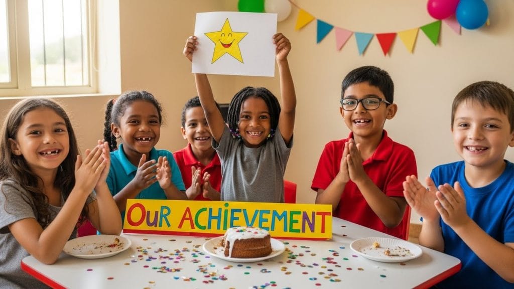  Children celebrating a small achievement with smiles and simple decorations.