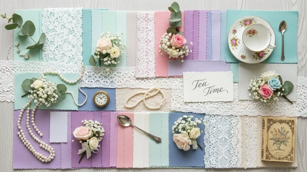 “Tea party color palette flat lay with pastel swatches, florals, lace, and vintage-themed decor arranged aesthetically on a table.”