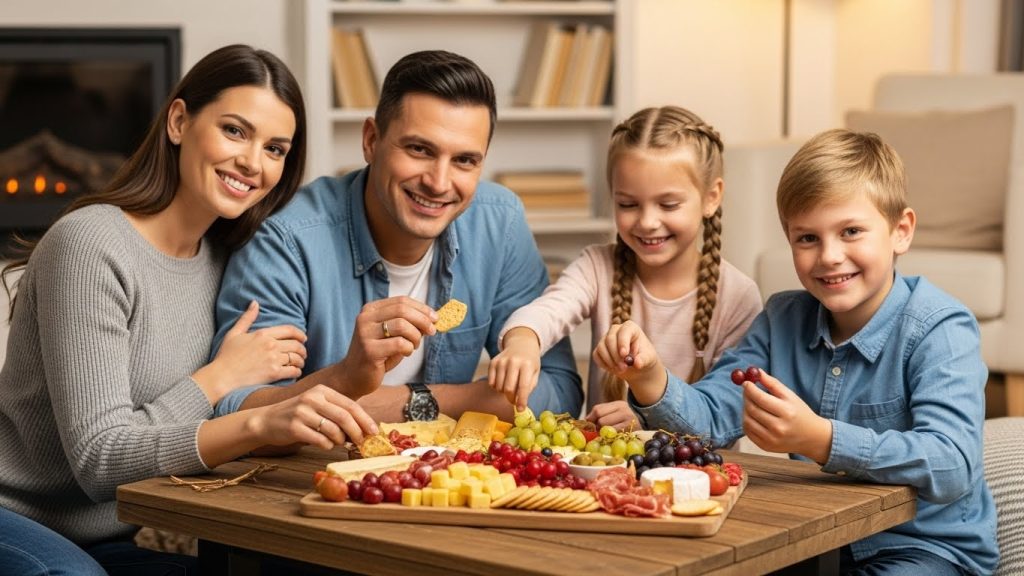 a: Family smiling together around a low table with a shared snack board.