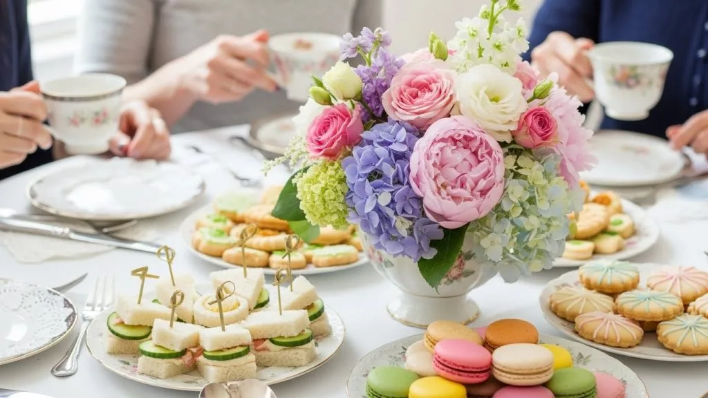 Elegant DIY Tea Party Table Settings and Decorations You Can Make Easily 10 "Softly lit tea party setting with glowing lavender candles, rose-scented diffuser, pastel tableware, and a calm, cozy, and inviting ambiance."