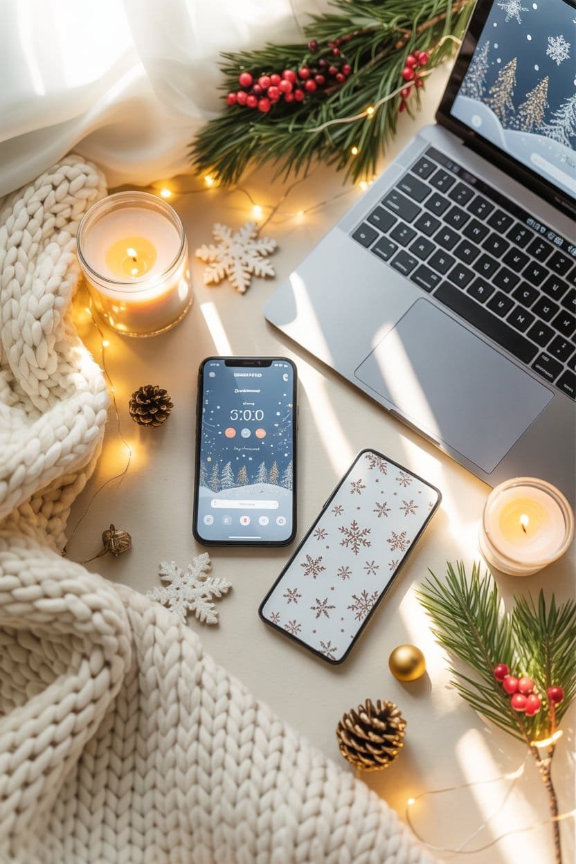 A bright and cozy December flat lay featuring a smartphone and laptop displaying festive winter wallpapers, surrounded by warm fairy lights, candles, pine branches, red berries, snowflake ornaments, and a soft knitted blanket.