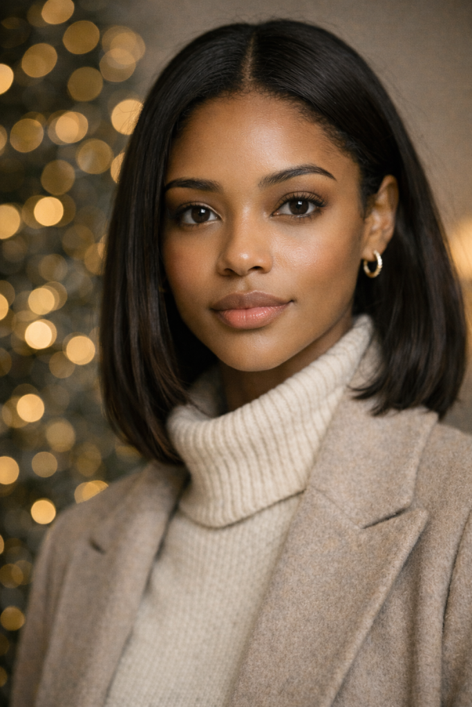 Close-up portrait emphasizing facial features and eye contact, calm expression, soft golden bokeh lights in the background, neutral winter textures, elegant simplicity, editorial beauty photography, minimal distractions, cinematic lighting, luxury Christmas mood,