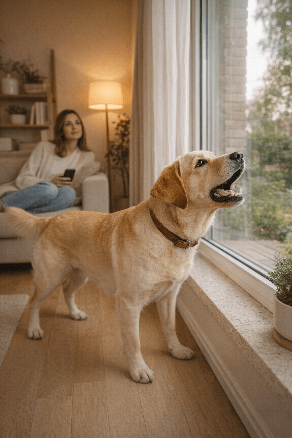Dog barking at a window indoors while alerting to outside sounds, with owner watching in the background