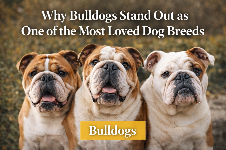 Three English bulldogs sitting side by side outdoors, showing their wrinkled faces and calm expressions, representing why bulldogs are one of the most loved dog breeds.
