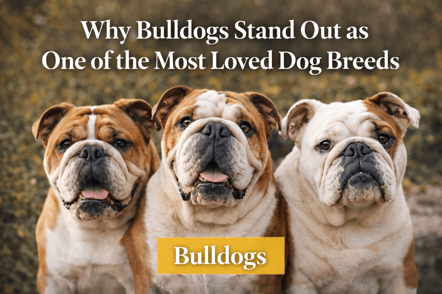 Three English bulldogs sitting side by side outdoors, showing their wrinkled faces and calm expressions, representing why bulldogs are one of the most loved dog breeds.