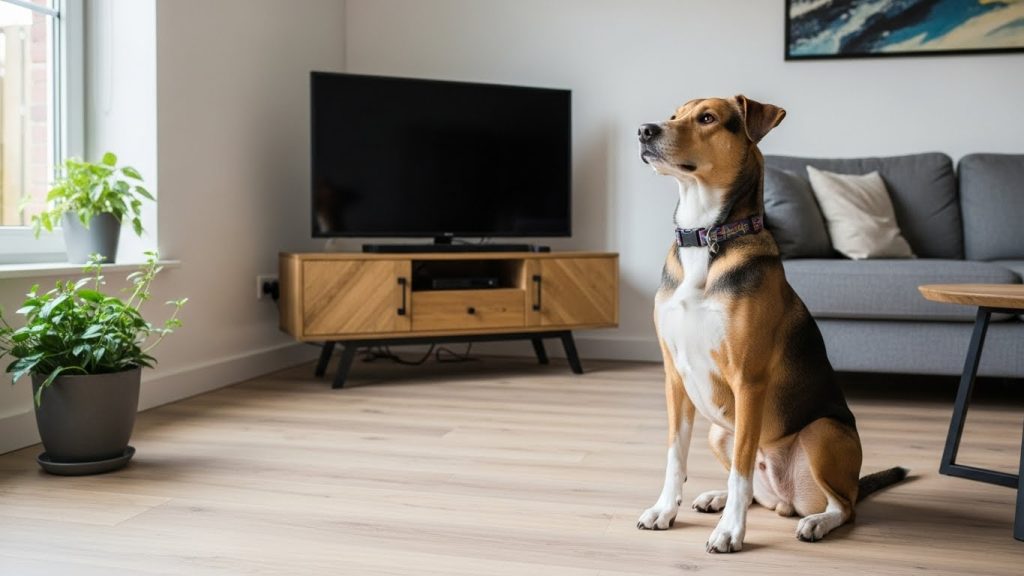 dog sitting calmly in a modern living room during training at home