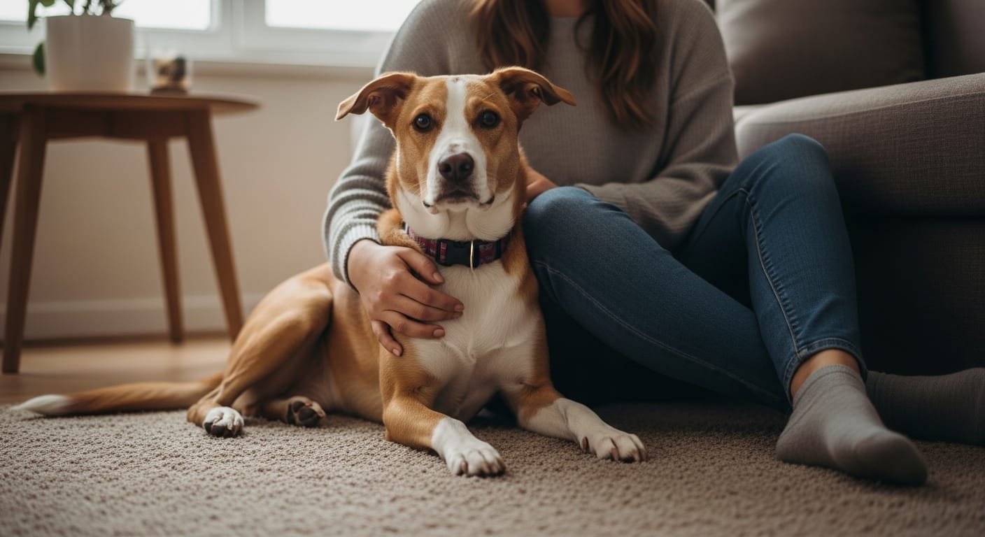 Dog resting beside its owner at home, showing affection and trust.