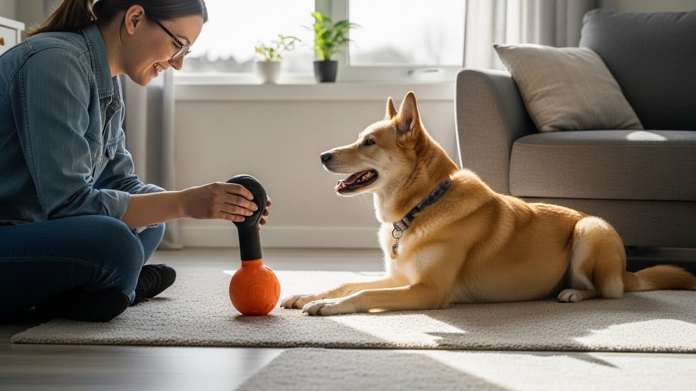 dog during a calm training session at home with its owner in natural daylight