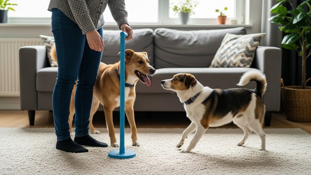 owner conducting a short indoor dog training session in natural daylight