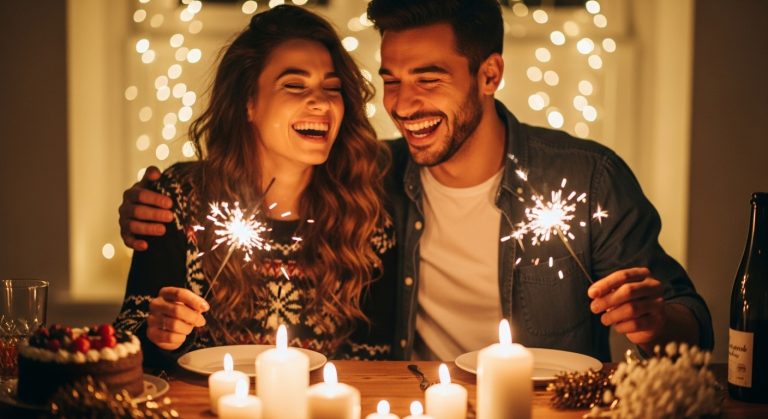 Two friends laughing together at a warmly lit celebration table, holding sparklers, with soft golden lights and candles creating an intimate, joyful atmosphere.