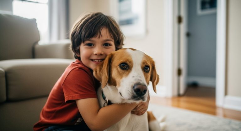 Child hugging a family dog while smiling indoors feature picte
