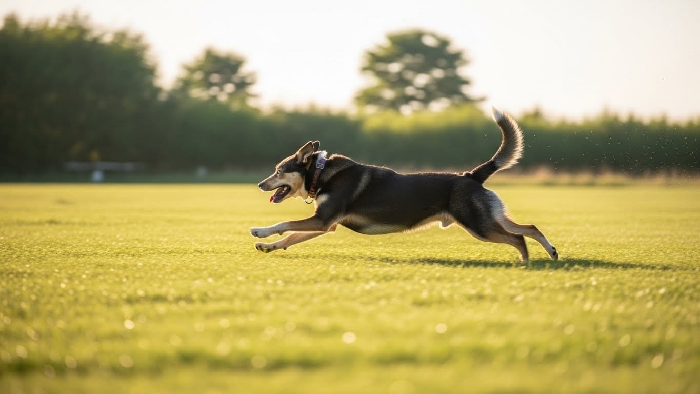 dog running happily across an open grassy field in daylight