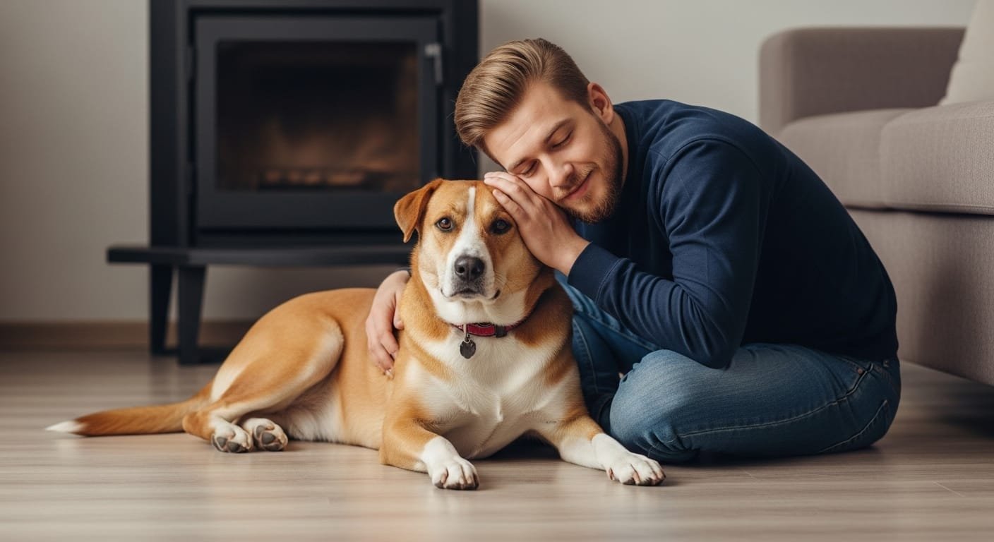 Dog lying beside its owner at home showing affection and trust.”