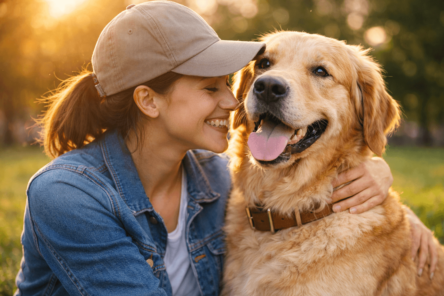 Woman smiling and hugging her golden retriever best friend dog outdoors during golden hour.