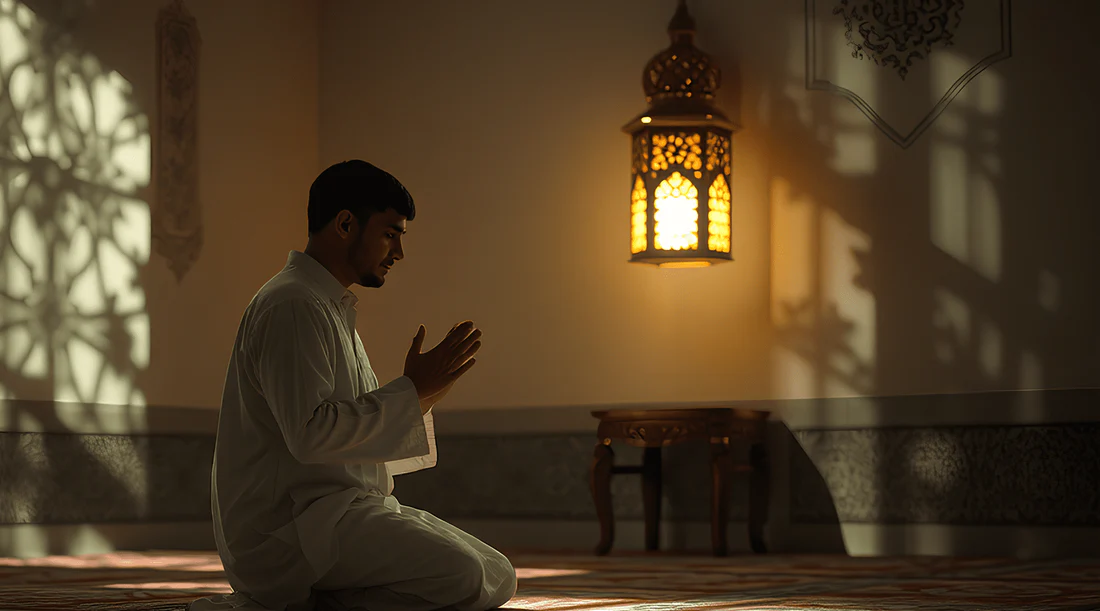 Muslim raising hands in emotional dua during Friday prayer with warm sunset light
