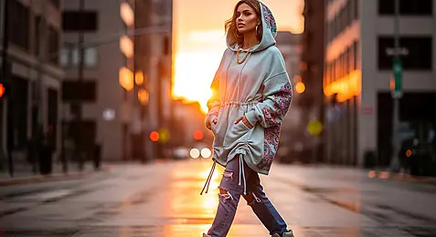 Baggy style outfit featuring oversized hoodie and wide leg jeans in DSLR street photography