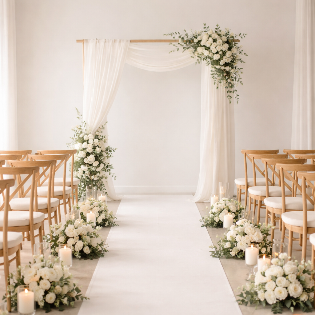 Serene minimalist wedding ceremony setup with a white draped arch, soft neutral florals, wooden chairs, and candlelit aisle creating a calm and elegant atmosphere.