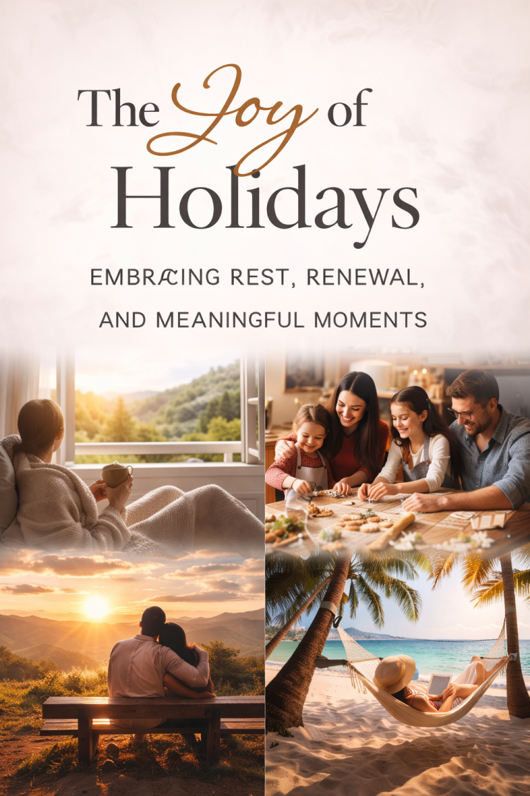 The Joy of Holidays feature image showing relaxing vacation moments including a peaceful morning with coffee, a family baking together, a couple watching a sunset, and a woman resting in a hammock on a tropical beach.