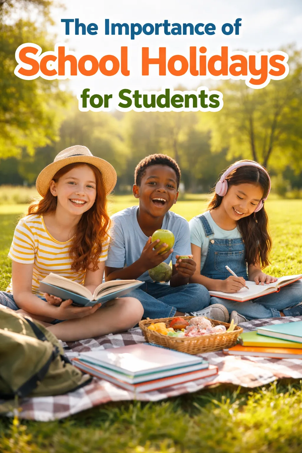 Children enjoying a picnic and reading during school holidays in a park, representing the importance of school holidays for students' learning, relaxation, and happiness.