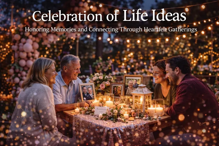 Family gathered around a candlelit table with photos, flowers, and string lights, celebrating a loved one’s life in a warm and heartfelt outdoor memorial setting.